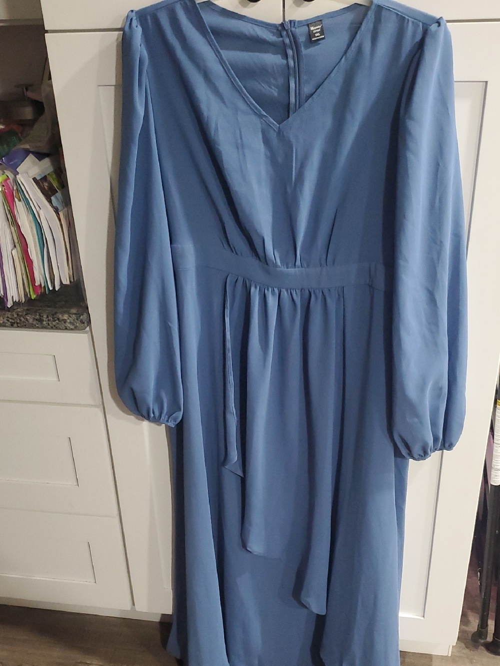 Elegant Long-Sleeve V-Neck Maxi Dress in Dusty Blue